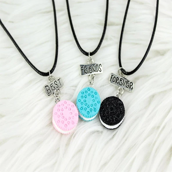 Renkli Makaron Best Friends BFF 3lü Suni Deri İpli Kolye