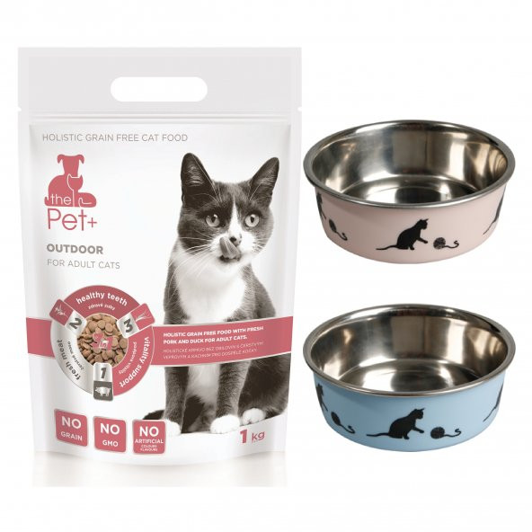 thePet+ Tahılsız Yetişkin Kedi Maması 1 kg - 2x Flamingo Mama-Su Kabı 160 ml Pembe-Mavi Hediyeli