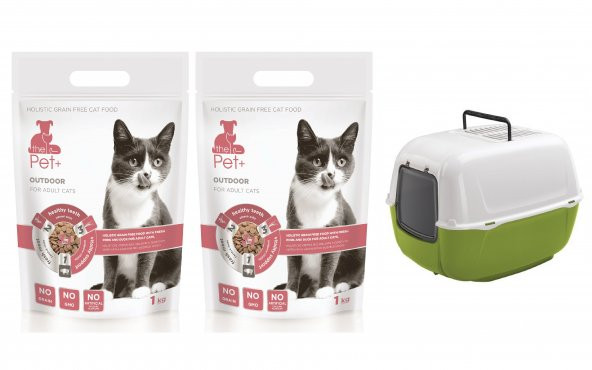 thePet+  2 Adet Tahılsız Yetişkin Kedi Maması 1 kg - Yeşil Ferplast Prima Kapalı Tuvalet Hediyeli