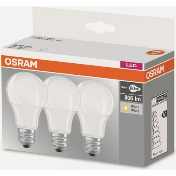 Osram Led Value 3 Lü Ampul Sarı Işık 8.5 W 60Watt