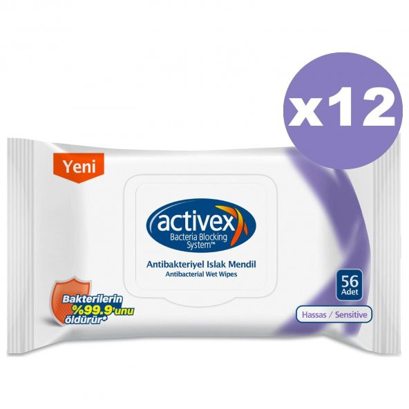 Activex Antibakteriyel Islak Mendil Hassas 56 Yaprak x 12 Adet