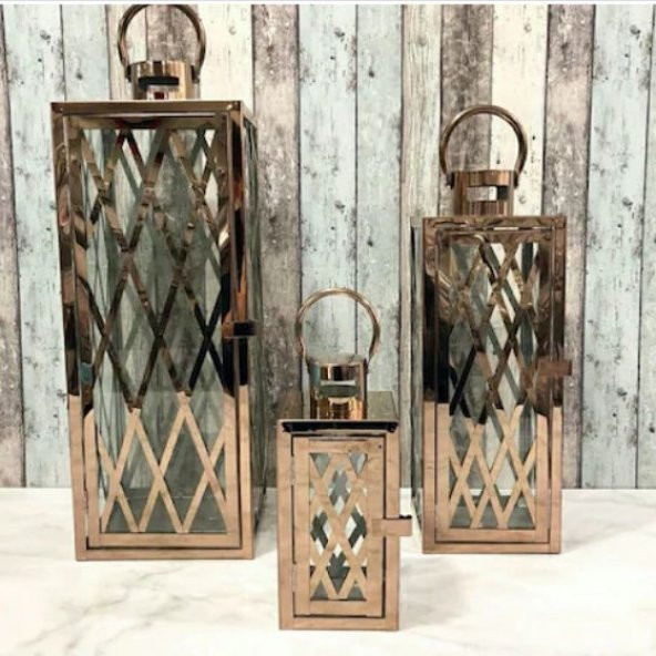 Birinci Sınıf Ferforje Bakır Renk Metal 3lü Fener Mumluk