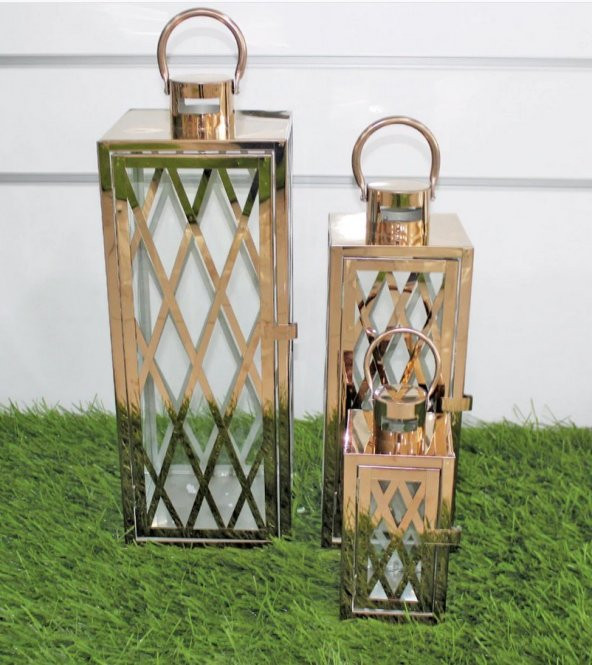 Birinci Sınıf Ferforje Bakır Renk Metal 3lü Fener Mumluk - 2