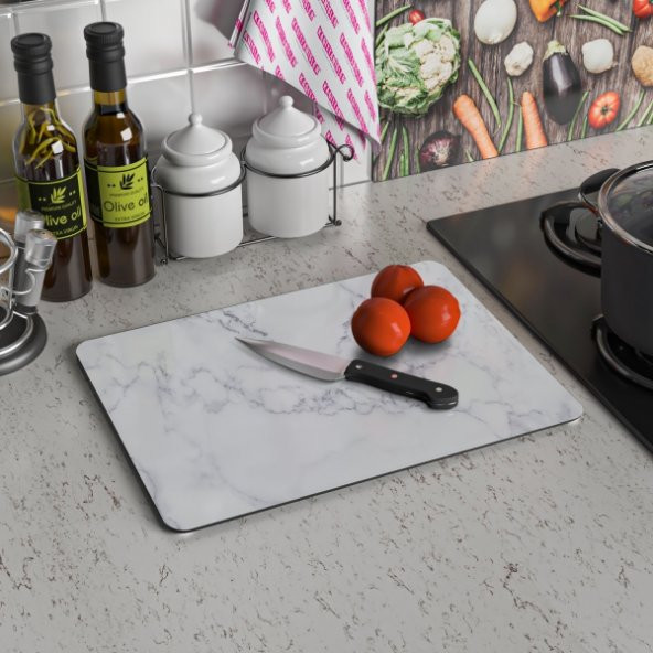 Decovetro Beyaz Mermer Görünümlü | Cam Kesme Tahtası - Kesim Tablası