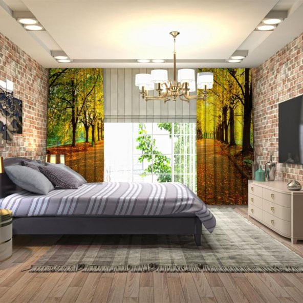 Baskılı Fon Perde Romantik Sarı Sonbahar Yapraklı Yol - 3