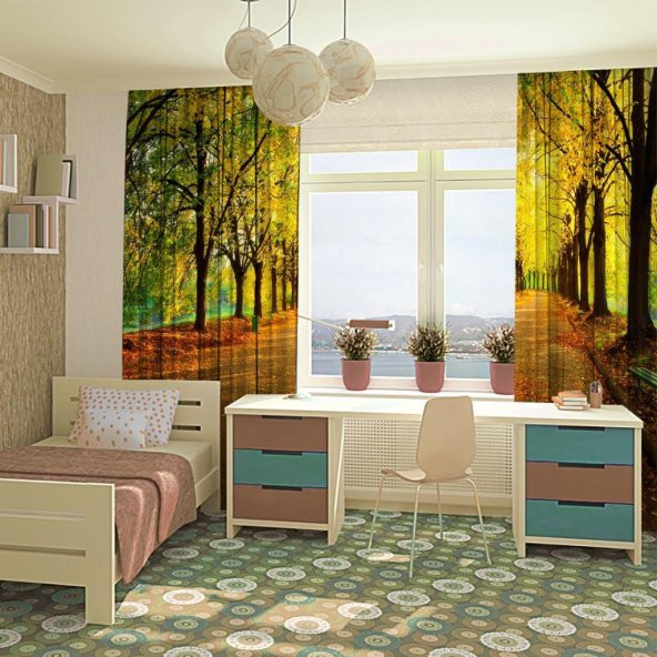 Baskılı Fon Perde Romantik Sarı Sonbahar Yapraklı Yol - 4