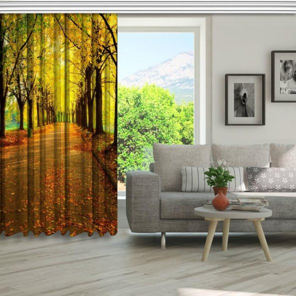 Baskılı Fon Perde Romantik Sarı Sonbahar Yapraklı Yol - 5