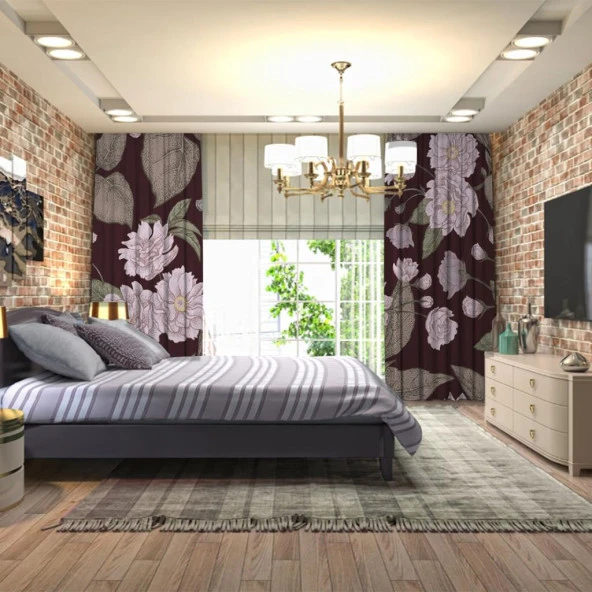 Baskılı Fon Perde Lila Gül Desenli Mor Vişne Çürüğü Siyah - 3
