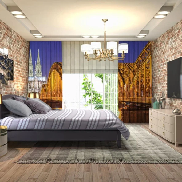 Baskılı Fon Perde Almanya Turuncu Işıklı Köprü Manzaralı - Resim 3