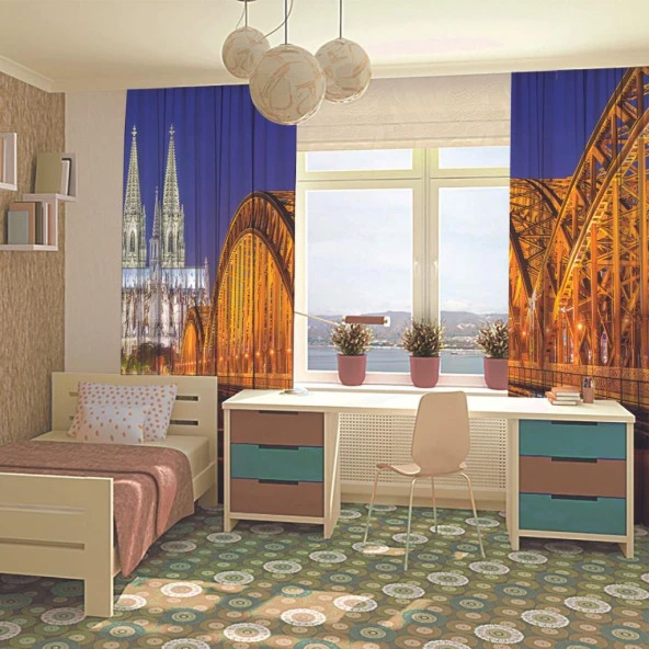 Baskılı Fon Perde Almanya Turuncu Işıklı Köprü Manzaralı - Resim 4