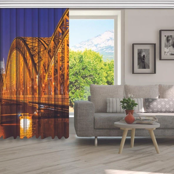 Baskılı Fon Perde Almanya Turuncu Işıklı Köprü Manzaralı - Resim 5