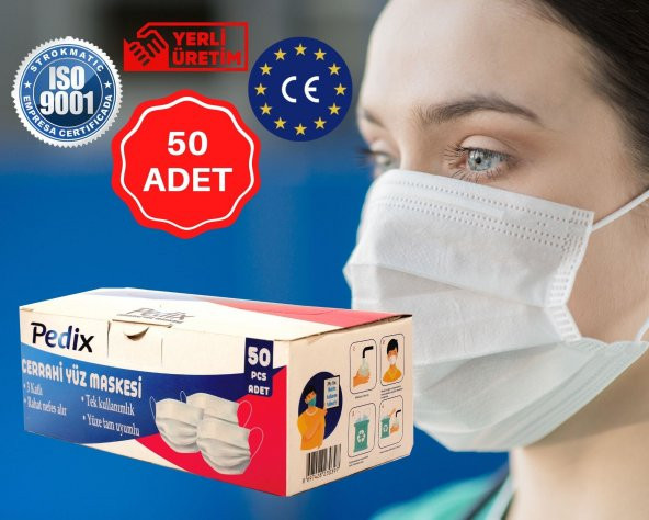 PEDİX 3 KATLI SERTİFİKALI CERRAHİ MASKE TELLİ 50 ADET