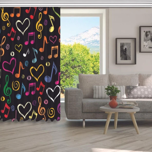 Baskılı Fon Perde Renkli Müzik Nota Kalp Desenli Kırmızı Mavi - 5