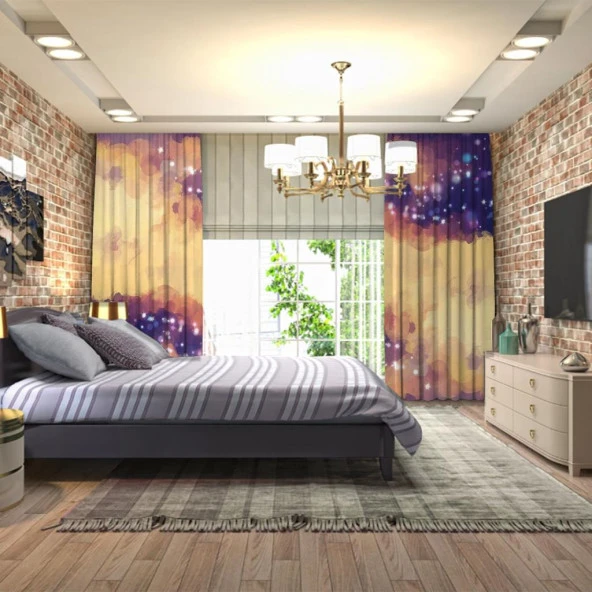 Baskılı Fon Perde Işıltılı Mavi Fırça Darbe Deseni - 3