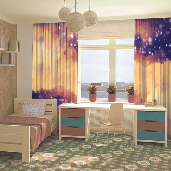 Baskılı Fon Perde Işıltılı Mavi Fırça Darbe Deseni - 4