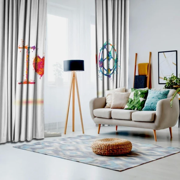 Baskılı Fon Perde Futbol Sevgisi Top Kalp Desenli Mor Kırmızı - 2