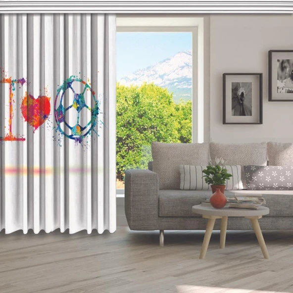 Baskılı Fon Perde Futbol Sevgisi Top Kalp Desenli Mor Kırmızı - 5