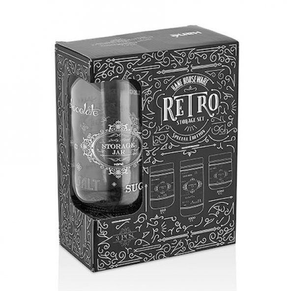 Retro Desenli Cam Baharatlık ve Saklama 3 Parça Set Kavanoz