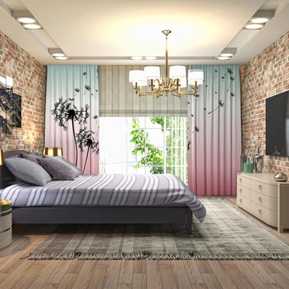 Baskılı Fon Perde Pembe Yeşil Ombre Siyah Karahindiba Desenli - 3