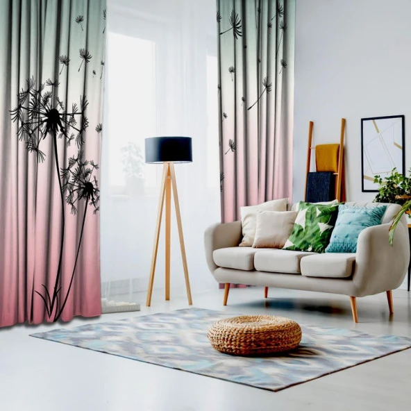 Baskılı Fon Perde Pembe Yeşil Ombre Siyah Karahindiba Desenli - 2