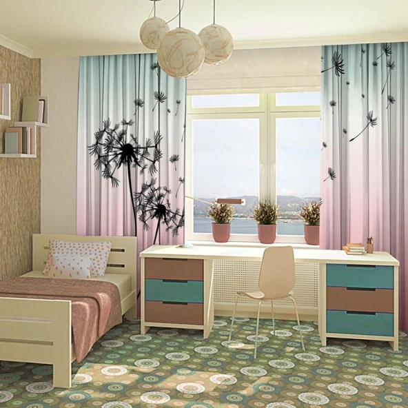 Baskılı Fon Perde Pembe Yeşil Ombre Siyah Karahindiba Desenli - 4