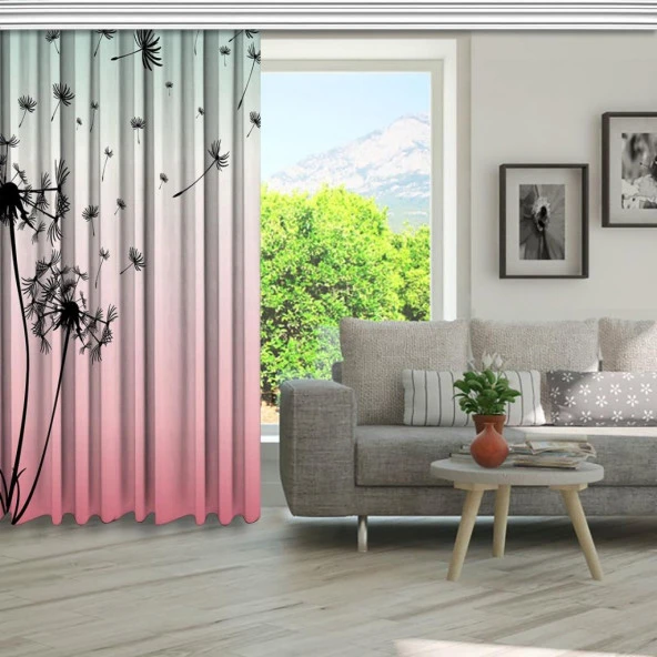 Baskılı Fon Perde Pembe Yeşil Ombre Siyah Karahindiba Desenli - 5