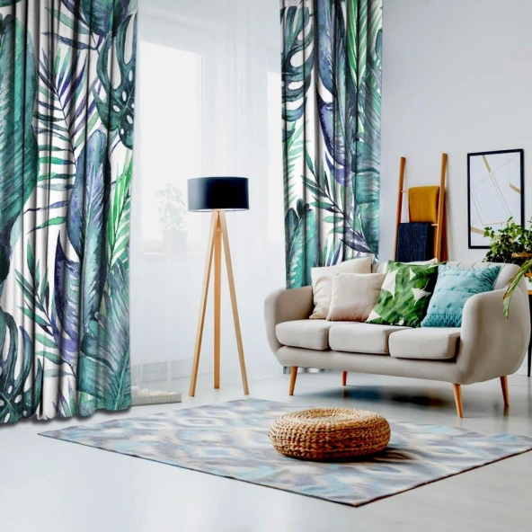 Baskılı Fon Perde Beyaz Zeminli Çeşitli Tropik Yaprak Desenli - 2