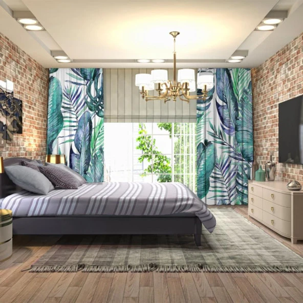 Baskılı Fon Perde Beyaz Zeminli Çeşitli Tropik Yaprak Desenli - 3