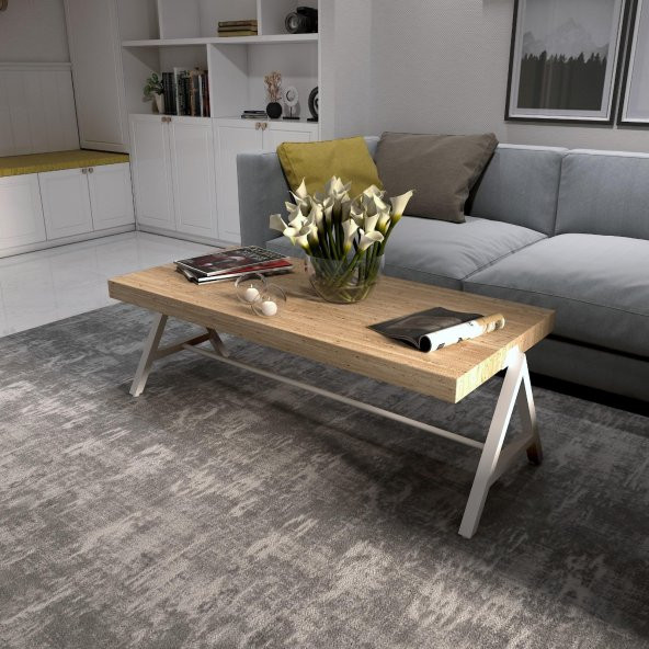 Dekoratif Ahşap Orta Sehpa Metal Sehpa Beyaz - 2