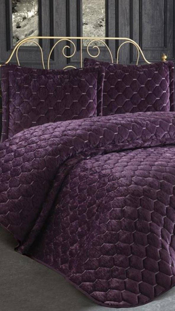 Lima Kadife Dolgulu Çift Kişilik Yatak Örtüsü Mürdüm - Resim 2