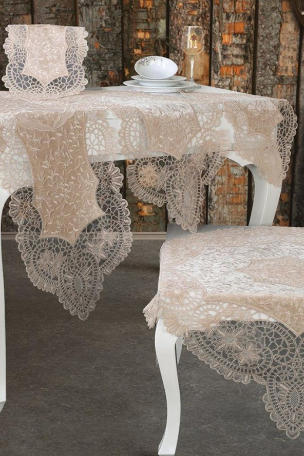 Suman Kordone Lüx Kadife Nakışlı 5 Parça Salon Takımı Cappucino - Resim 2