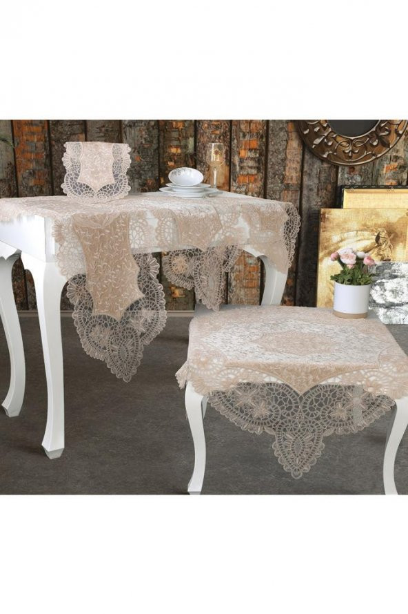 Suman Kordone Lüx Kadife Nakışlı 5 Parça Salon Takımı Cappucino - Resim 3