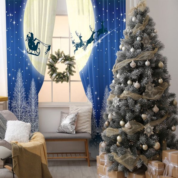 Baskılı Fon Perde Mavi Ay Işığında Ağaçlar ile Uçan Kızaklı Noel Baba