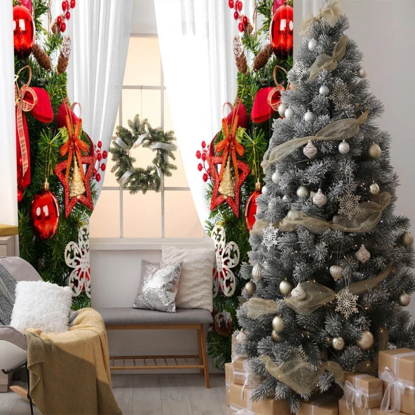 Baskılı Fon Perde Noel Yılbaşı Ağacı Çam Süsleri Yıldız Kırmızı Yeşil