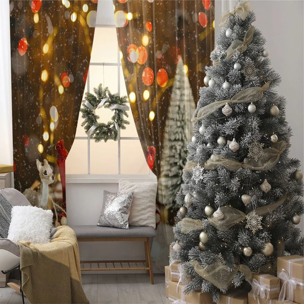 Baskılı Fon Perde Yılbaşı Çam Ağacı Noel Baba İle Bokeh Işıklı Hardal