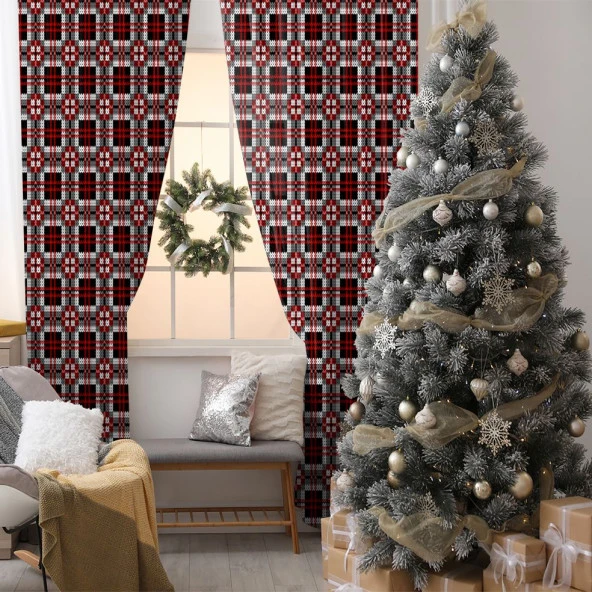 Baskılı Fon Perde Örme Ekose Tartan Desen Kırmızı Siyah Gri Renkli