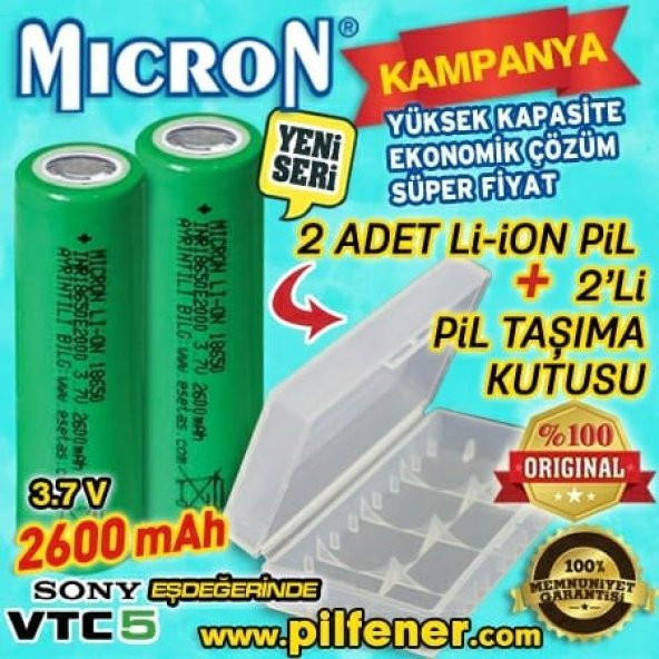 18650 3.7v  2600 Mah LİTYUM MICRON PİL 2 ADET PLS. TAŞIMA KUTUSU