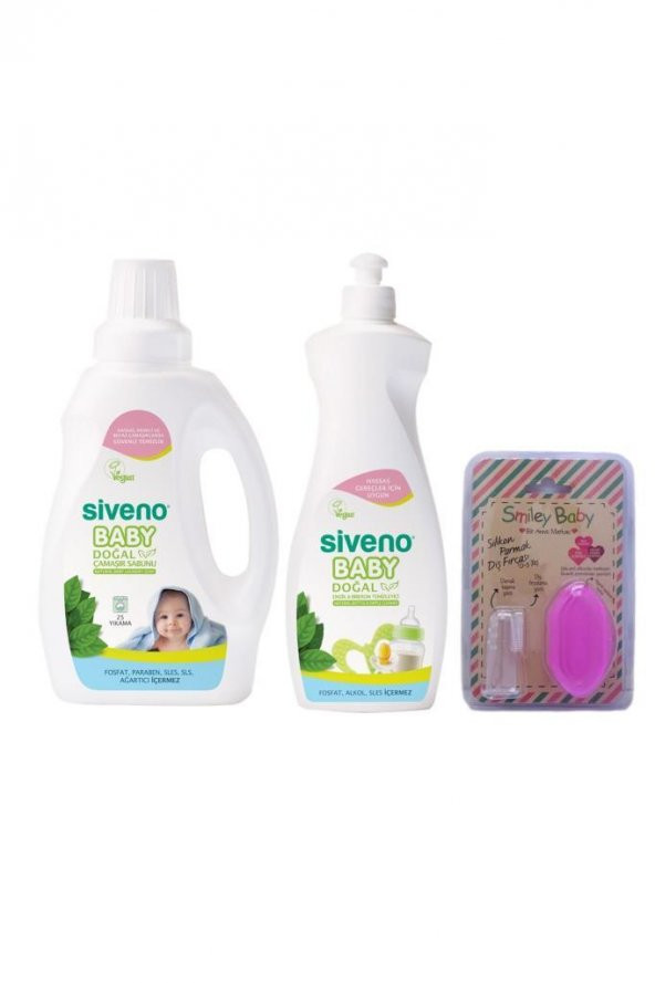 Siveno Baby Çamaşır Sabunu 750 ml+Baby Emzik & Biberon Temizleyici 500 ml+Smiley Pembe Parmak Diş Fırçası