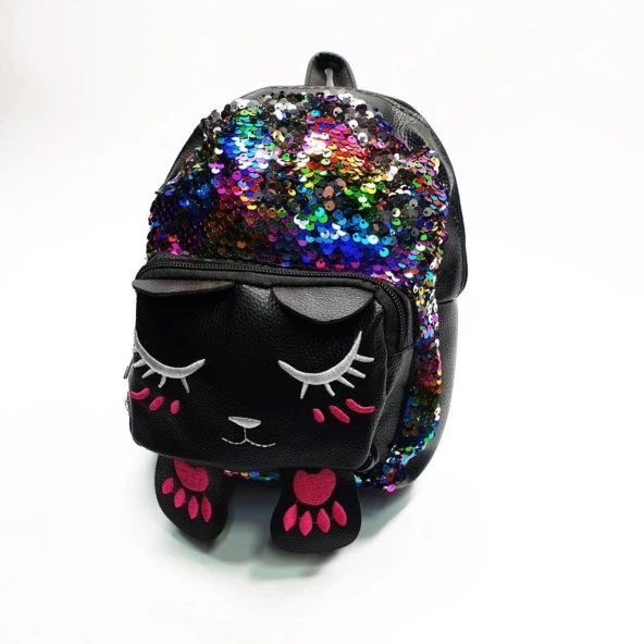 Uyuyan Kedi Figürlü Gökkuşağı Renk  Çocuk Sırt Çantası - 12
