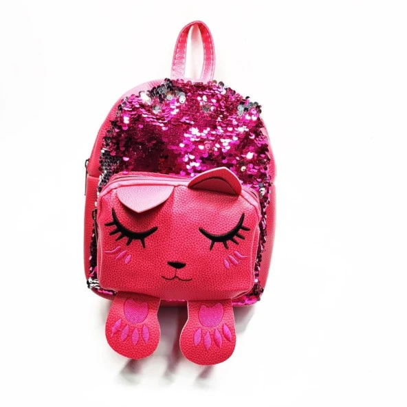 Uyuyan Kedi Figürlü Pembe Renk Çocuk Sırt Çantası - 4