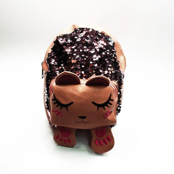 Uyuyan Kedi Figürlü Kahve Renk Çocuk Sırt Çantası - 9