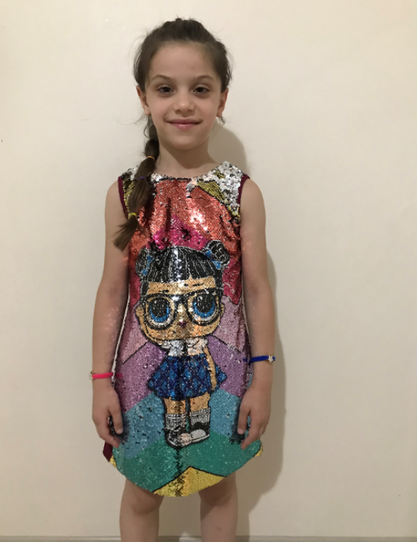 butikxxl fuşya pul payet dijital baskılı çantalı kız çocuk elbise
