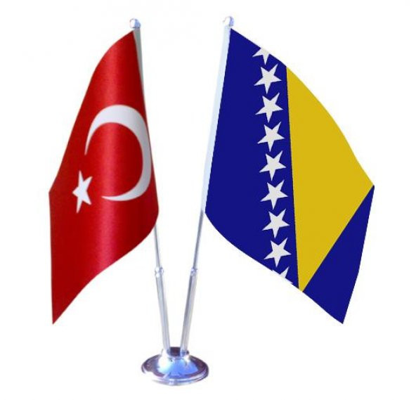 Masa Üstü Bosna Bayrağı Türk Bayrağı İkili Krom Direk ile Birlikte