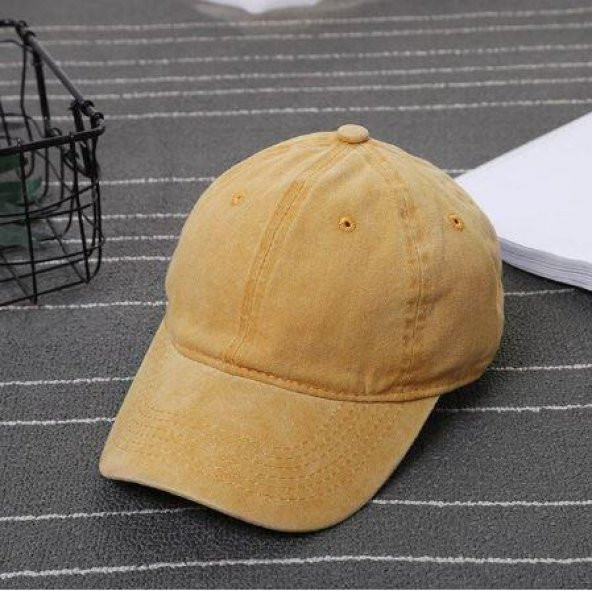 Beyzbol Şapkası 100 Pamuk Düz Eskitme - Yeni Sezon – Son Trend - Sarı - 3