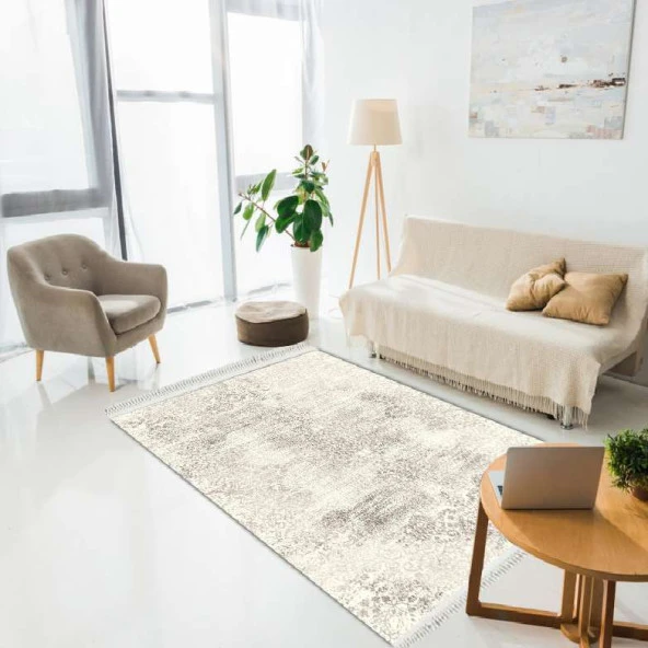 Baskılı Kilim Modern Eskitme Damask Desen Kahve Bej