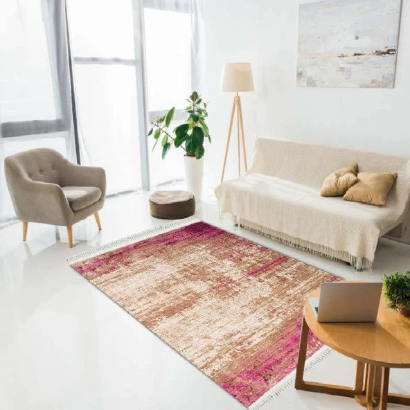 Baskılı Kilim Modern Eskitme Bej Ve Fuşya