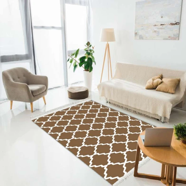 Baskılı Kilim Classic Kafes Desen Sütlü Kahve Zeminli