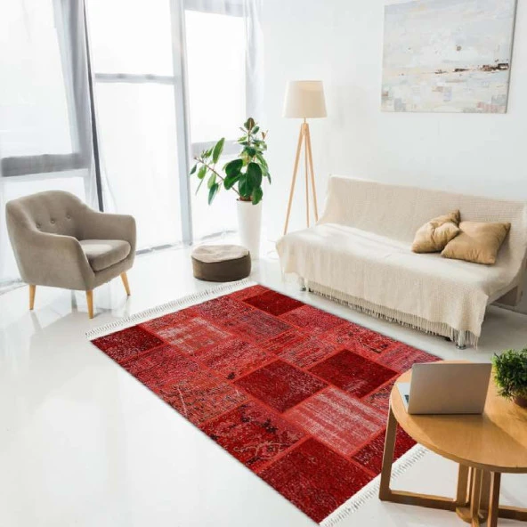 Baskılı Kilim Modern Patchwork Efektli̇ Kırmızı Renk