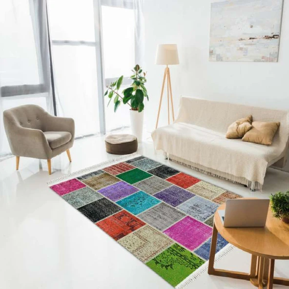 Baskılı Kilim Patchwork Eskitme  Desenli Karışık Renk