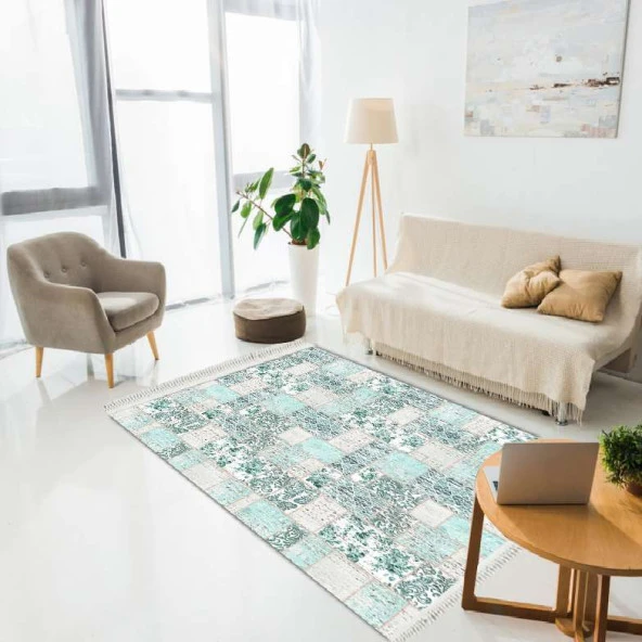 Baskılı Kilim Modern Patchwork Damask Efektli̇ Mint Renk